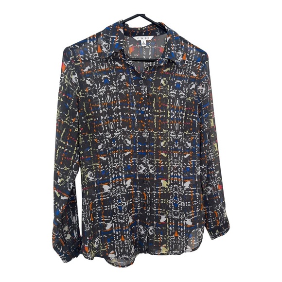 CAbi festival geometric print semi sheer bling sleeve buttons down blouse size S - Picture 2 of 12